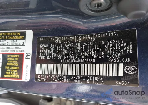 2017 Toyota Camry Le из США, поврежденный, VIN 4T1BF1FK4HU685660